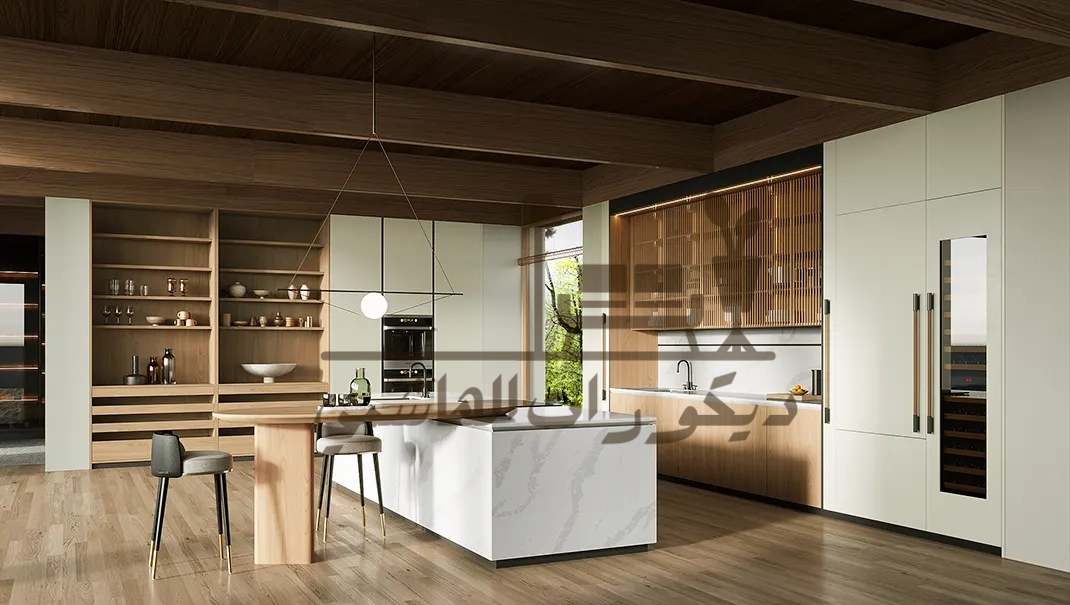 modern luxury two tone cream and light oak kitchen cabinets
